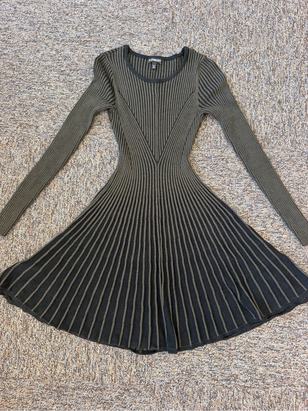 Express Olive and Black Ribbed Long Sleeve Fit-and-Flare Dress Size XS